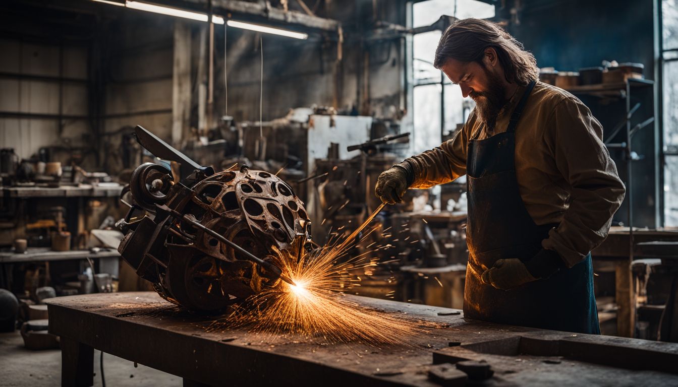 A metalworker restores a corroded metal sculpture in a well-lit workshop, surrounded by a bustling atmosphere.