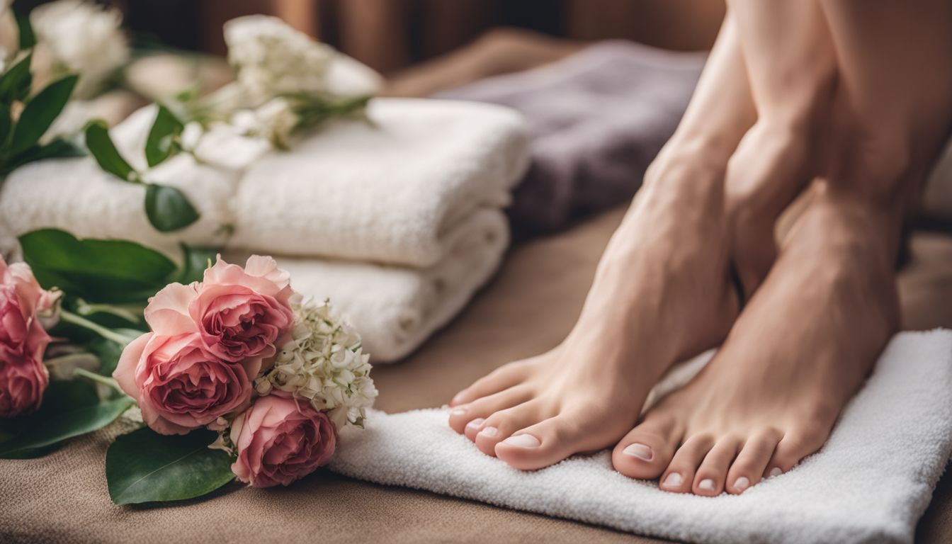 The photo showcases clean feet on a spa towel surrounded by nature and various people with different appearances.