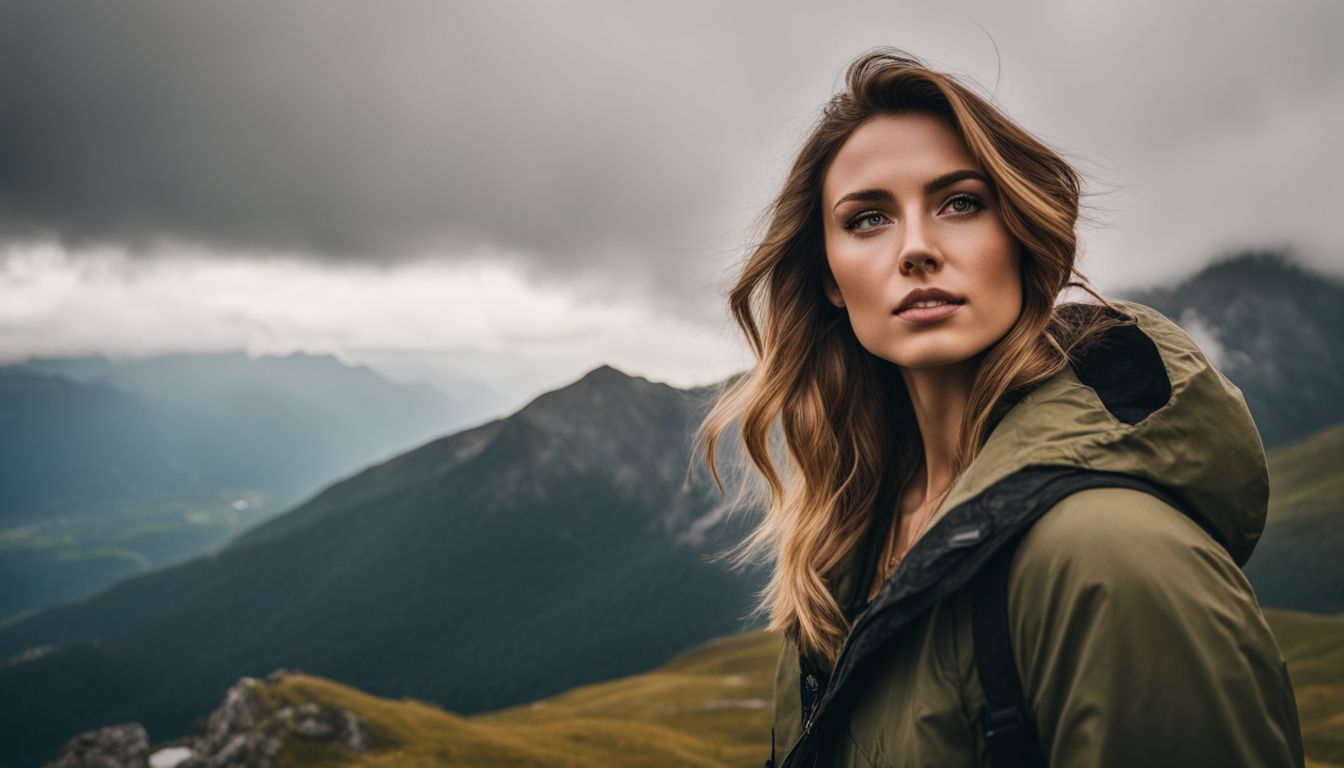 A confident woman stands on a mountaintop surrounded by nature, showcasing different faces, hairstyles, and outfits.