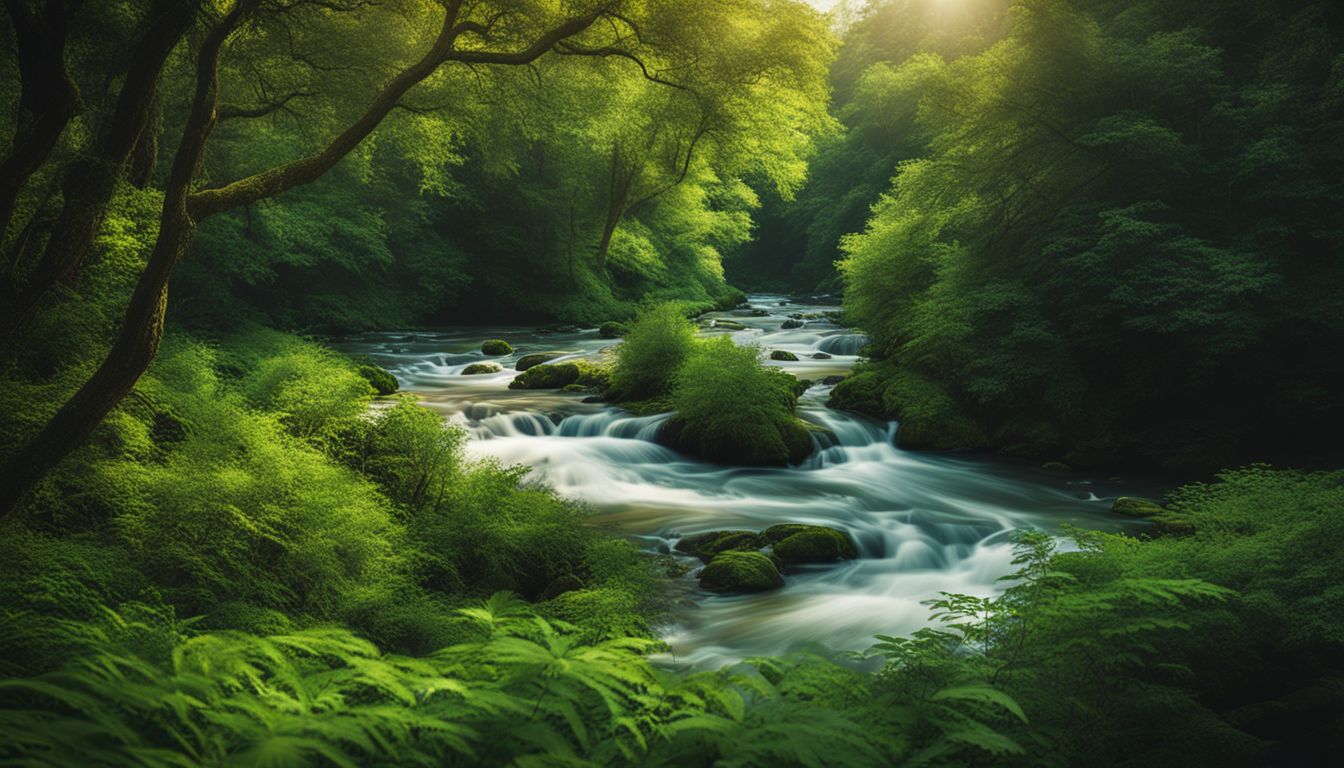 A captivating landscape photograph of a flowing river surrounded by lush green vegetation.