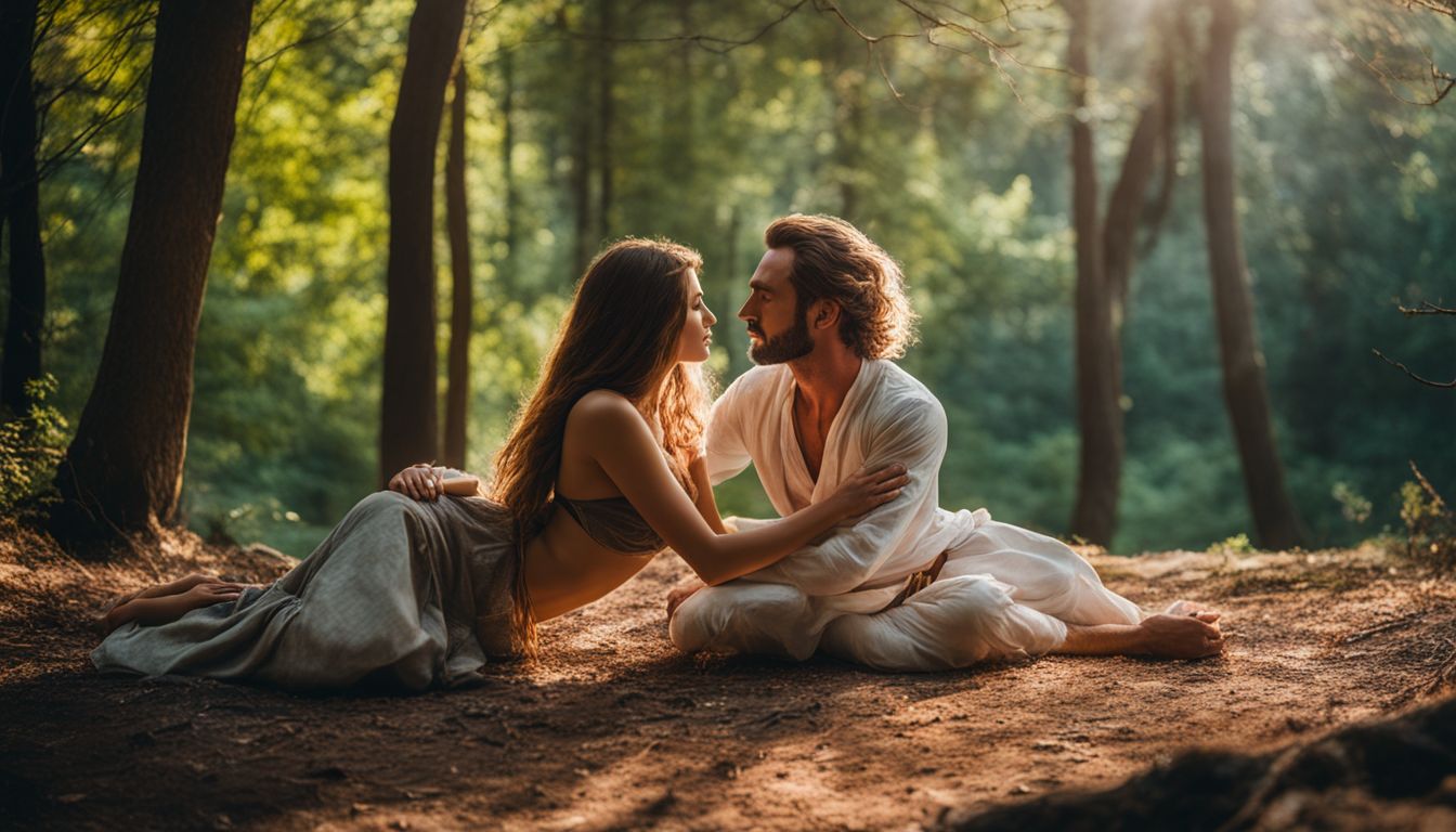 A man and a woman practicing tantra in a peaceful forest amidst a bustling atmosphere.