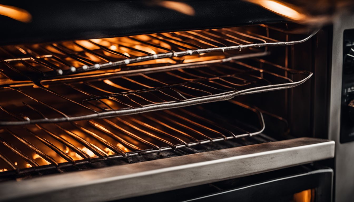 A close-up photo of a dirty oven with greasy racks and burners in a busy kitchen.