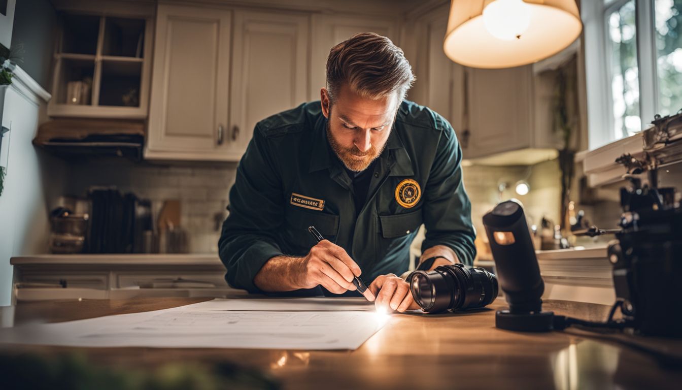 A pest control technician uses a flashlight and magnifying glass to inspect a home for pests.