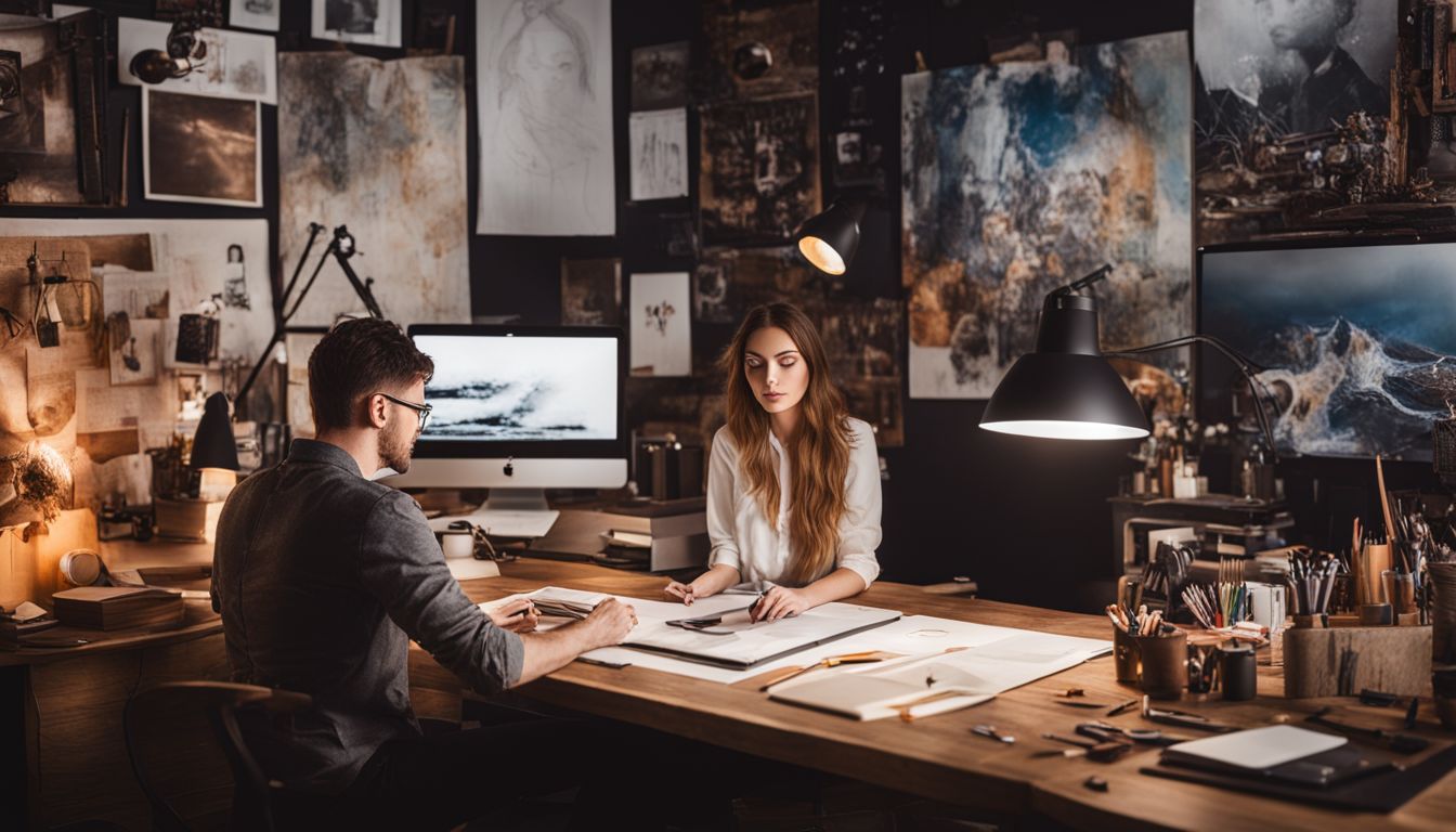 The photo depicts a graphic designer working at a desk surrounded by design tools and creative elements.