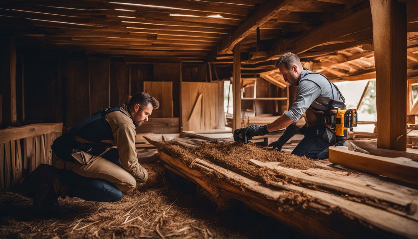 A professional pest technician inspects a termite-infested wooden structure in a bustling atmosphere.