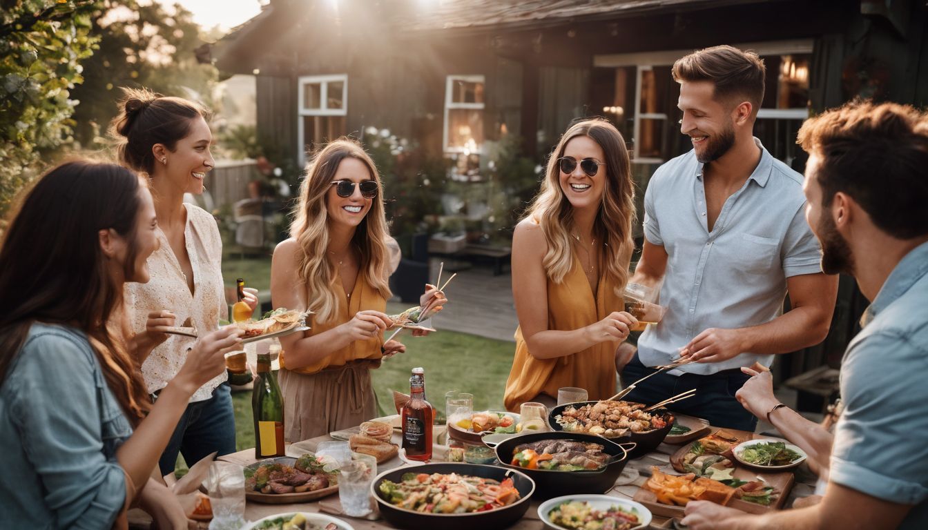 A diverse group of friends enjoy a BBQ feast together, surrounded by delicious food and a bustling atmosphere.