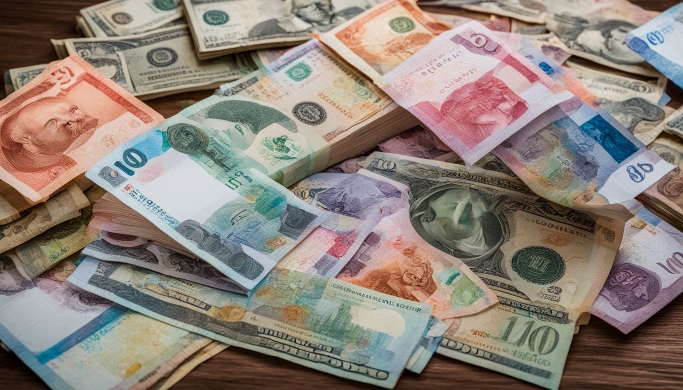 A vibrant display of international currencies arranged on a table.
