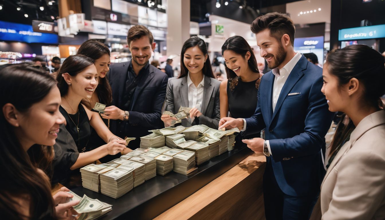 A diverse group of people exchanging money at a JC Global branch in a bustling atmosphere.