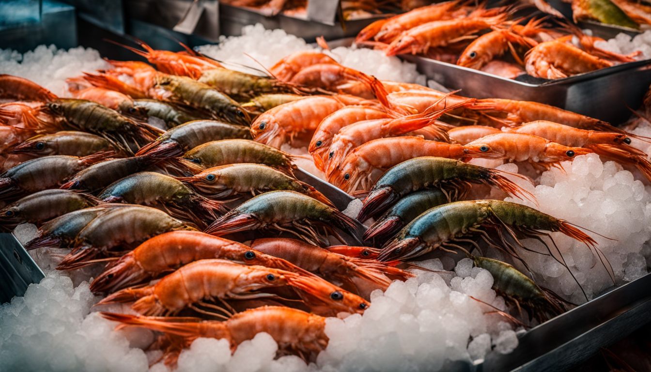 A vibrant display of fresh prawns in a busy seafood market, photographed with attention to detail and clarity.
