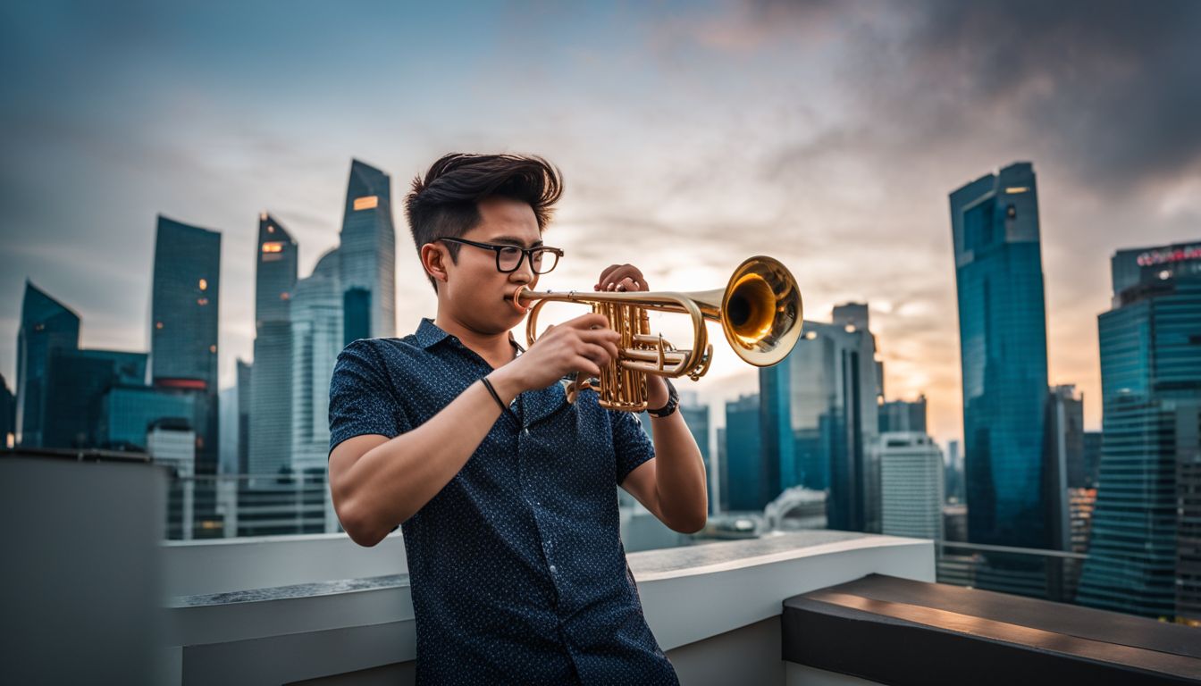 A young musician plays the trumpet on a Singapore rooftop terrace, amidst a bustling cityscape.