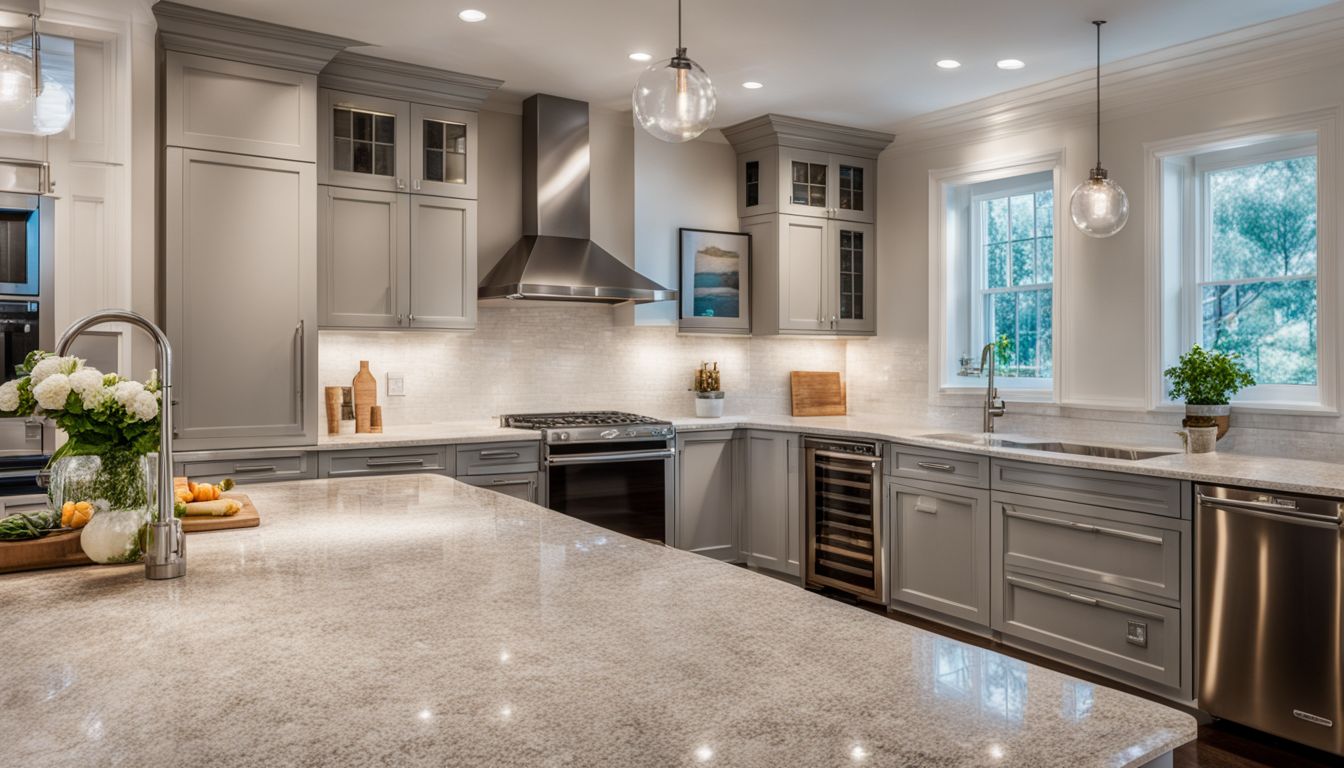 A beautifully clean and organized kitchen with a bustling atmosphere and multiple people of different appearances.