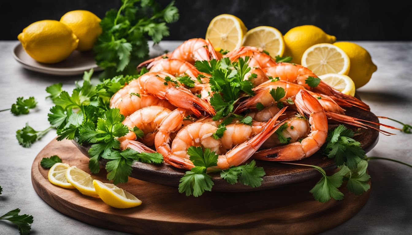 A platter of king prawns, garnished with lemons and parsley, is captured in a vibrant and bustling food photography shot.