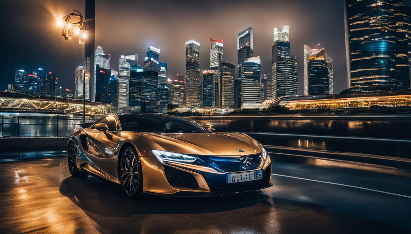 A shiny car with a reflection of the Singapore skyline, surrounded by a diverse group of people, and captured with a high-quality camera.