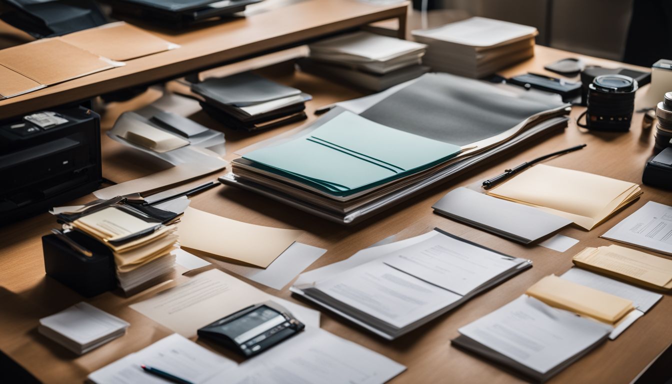 A neatly arranged set of lamination materials surrounded by a variety of documents and office supplies.
