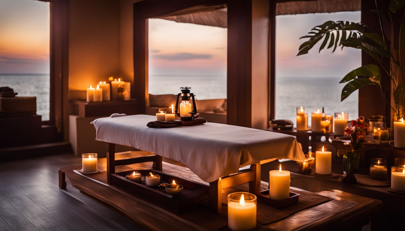 The photo depicts a serene spa environment with a massage table and candles for a relaxing Lingam Massage.