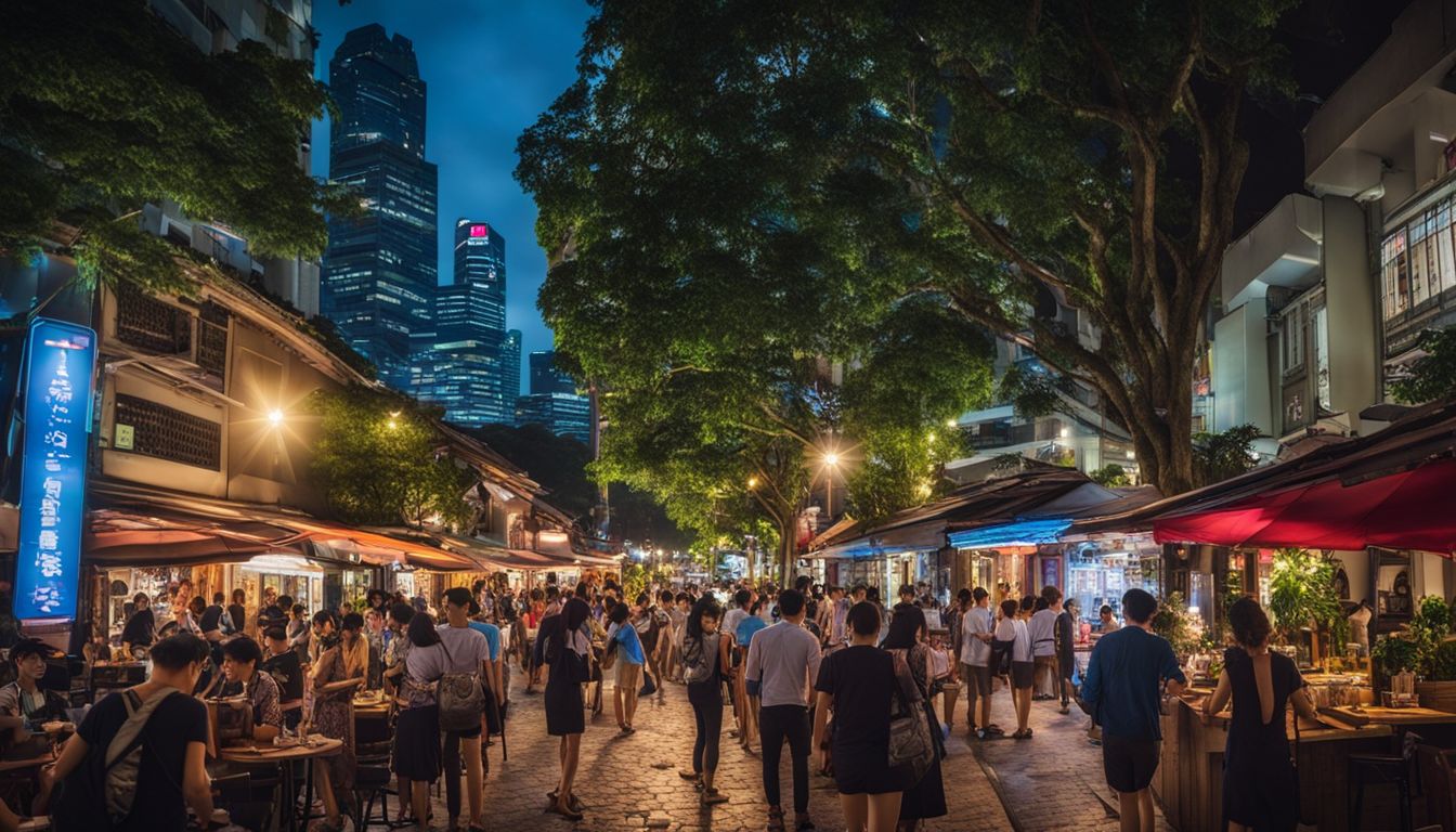 A vibrant and diverse night scene in Club Street, Singapore, captured in a crystal-clear, high-resolution photograph.