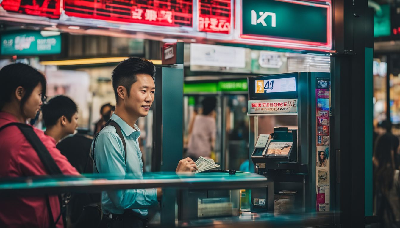 A photo of a busy money changer booth near the Woodlands MRT station in Singapore.