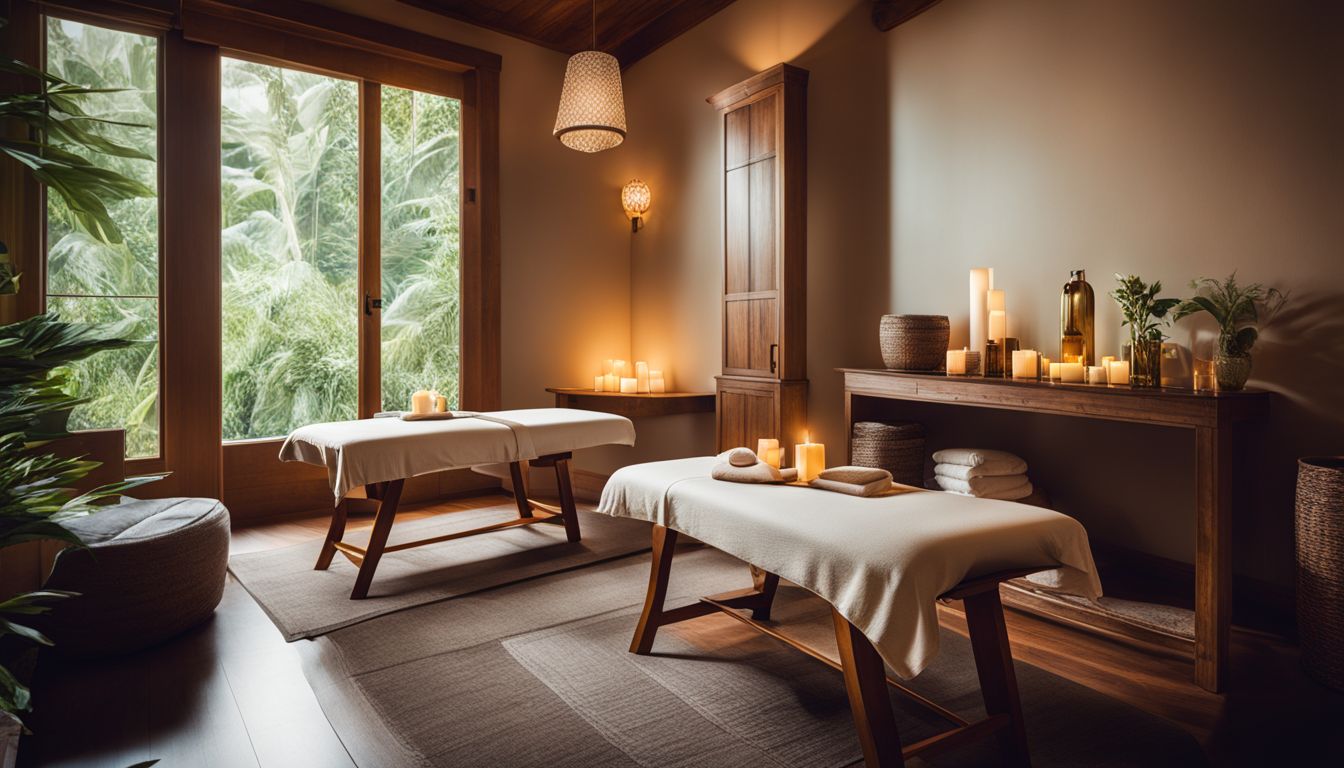 A tranquil massage room with a variety of people enjoying the spa environment and services.
