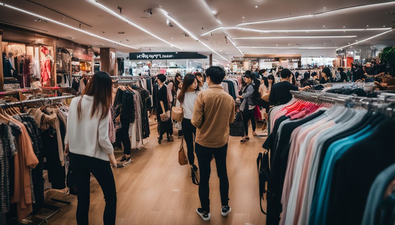 A bustling atmosphere at Lucky Plaza as people browse through racks of clothes.