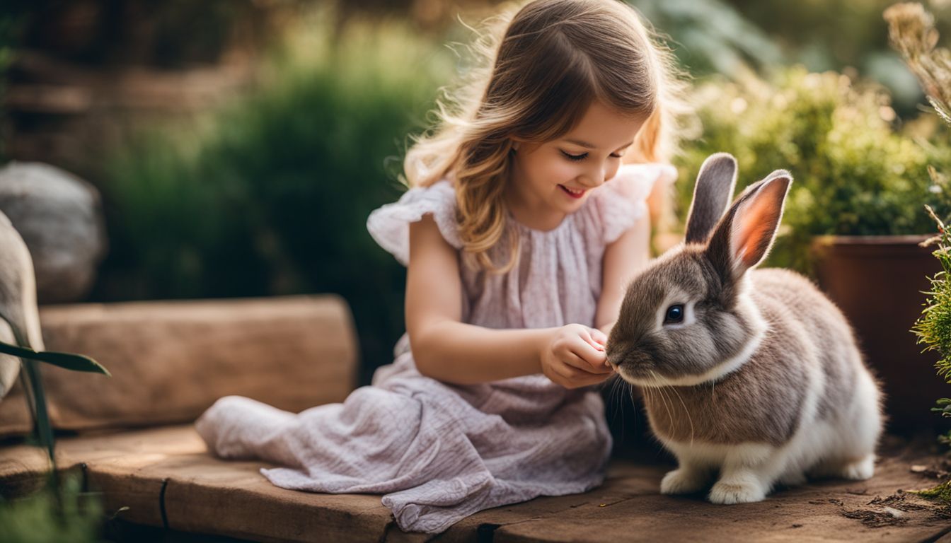 A happy child gently brushes a rabbit's fur in a cozy outdoor garden.