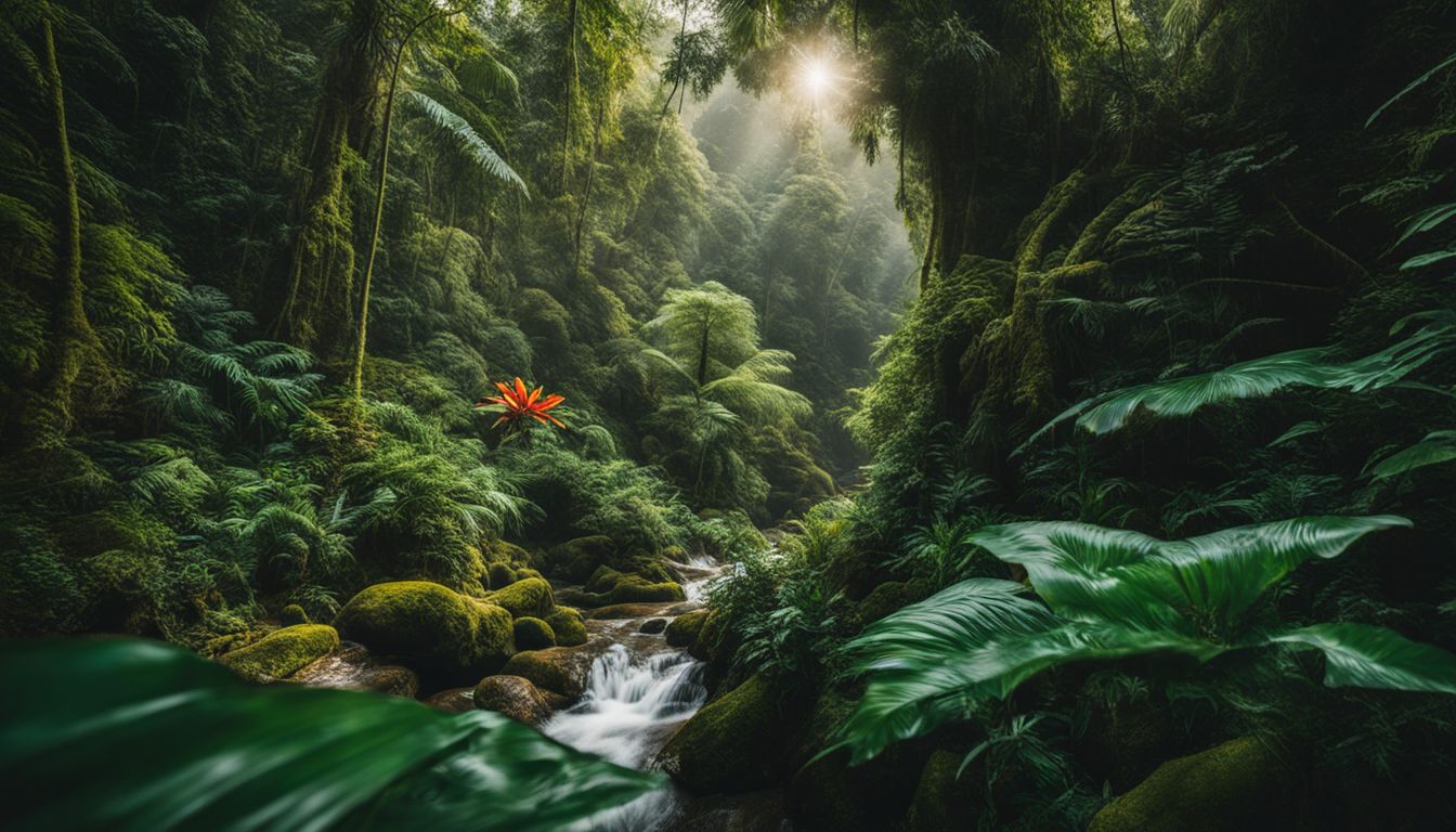 A vibrant and diverse rainforest showcasing a bustling atmosphere and rich plant life.