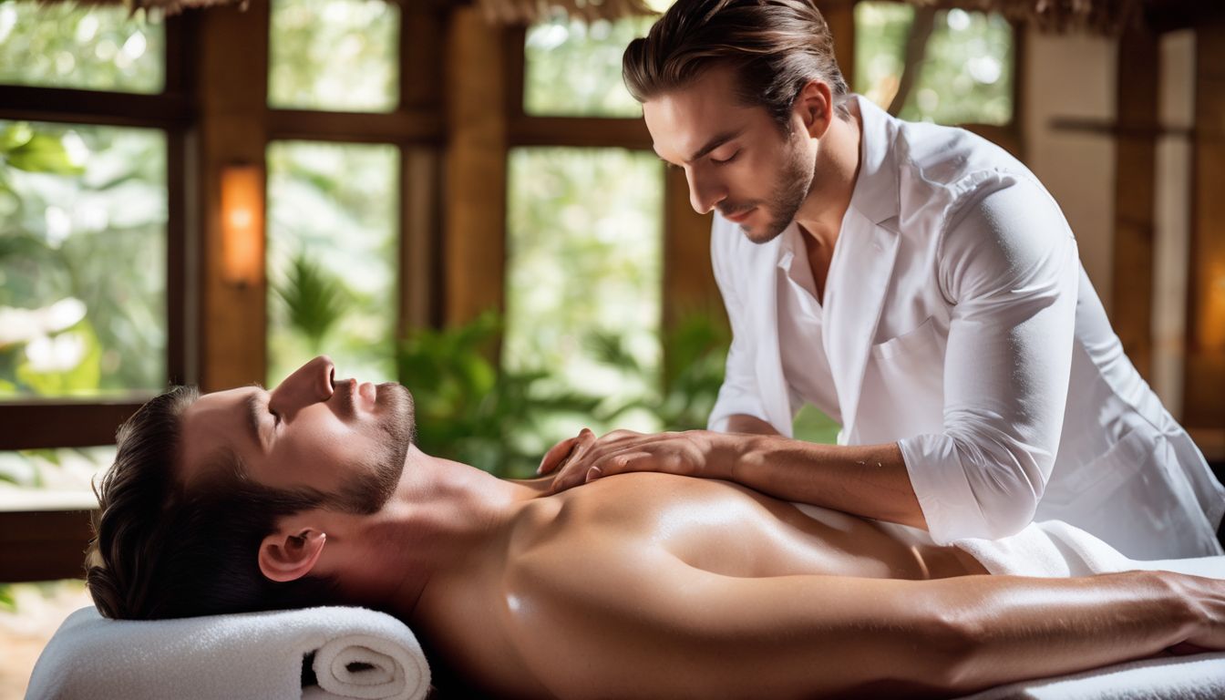 A male model receiving a relaxing manhood massage in a serene spa setting.