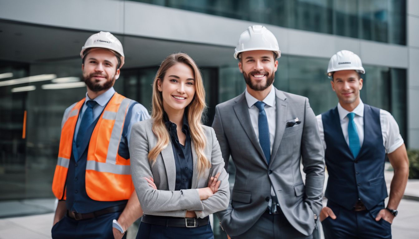 A diverse group of workers in professional attire posing in front of a modern office building.