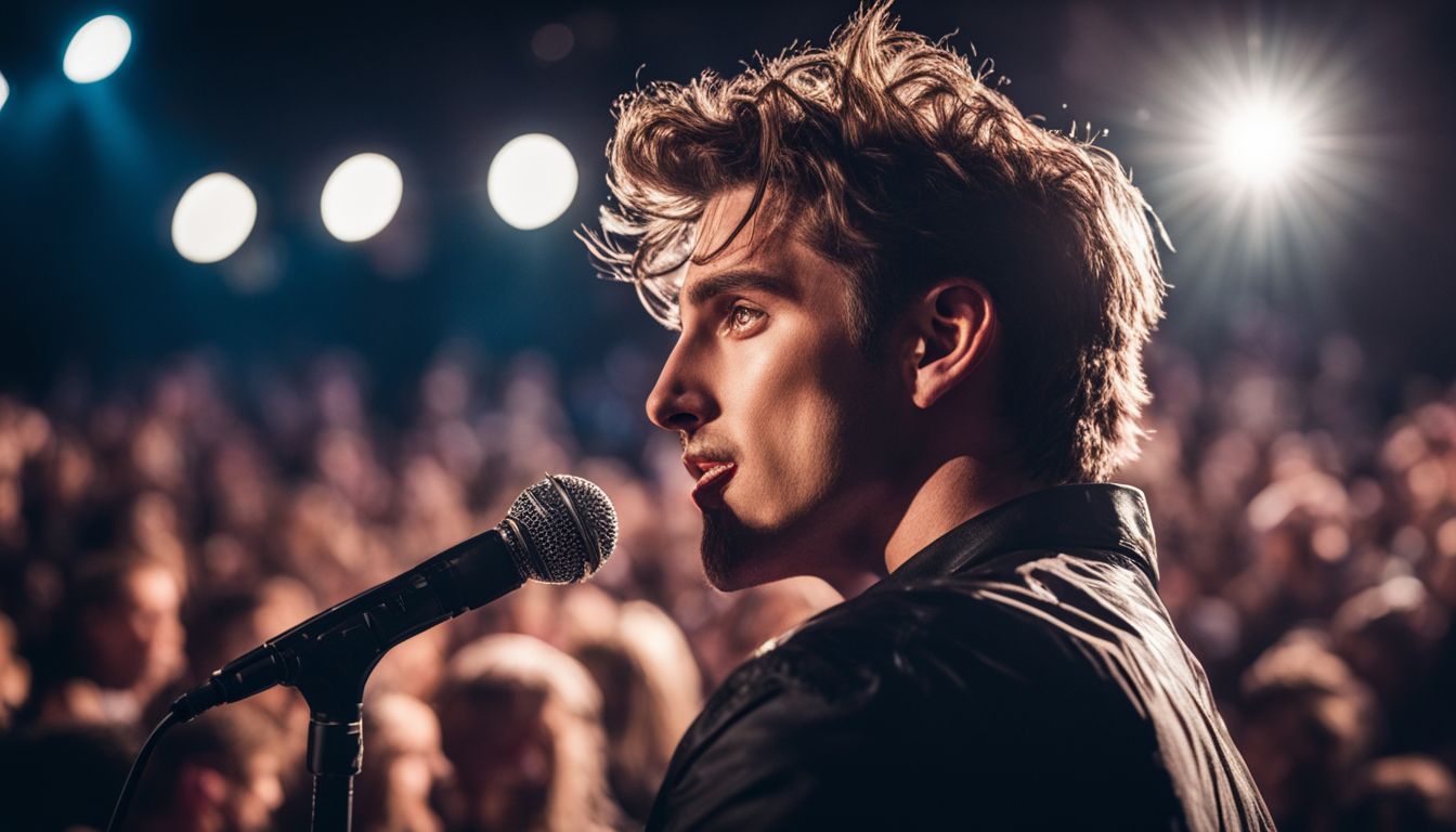A photo of Marco performing on stage with a microphone, surrounded by a crowd.