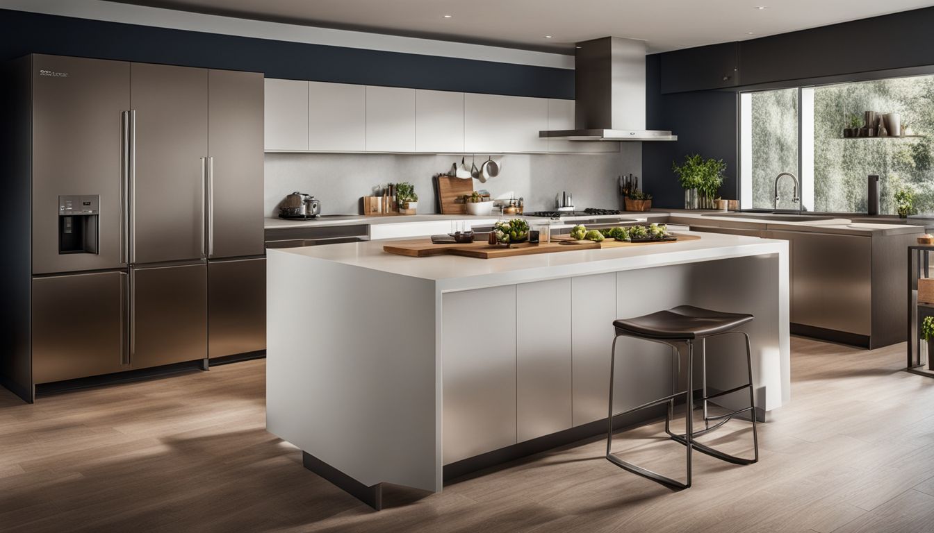 A modern kitchen showcasing various stainless steel bin finishes and materials available.