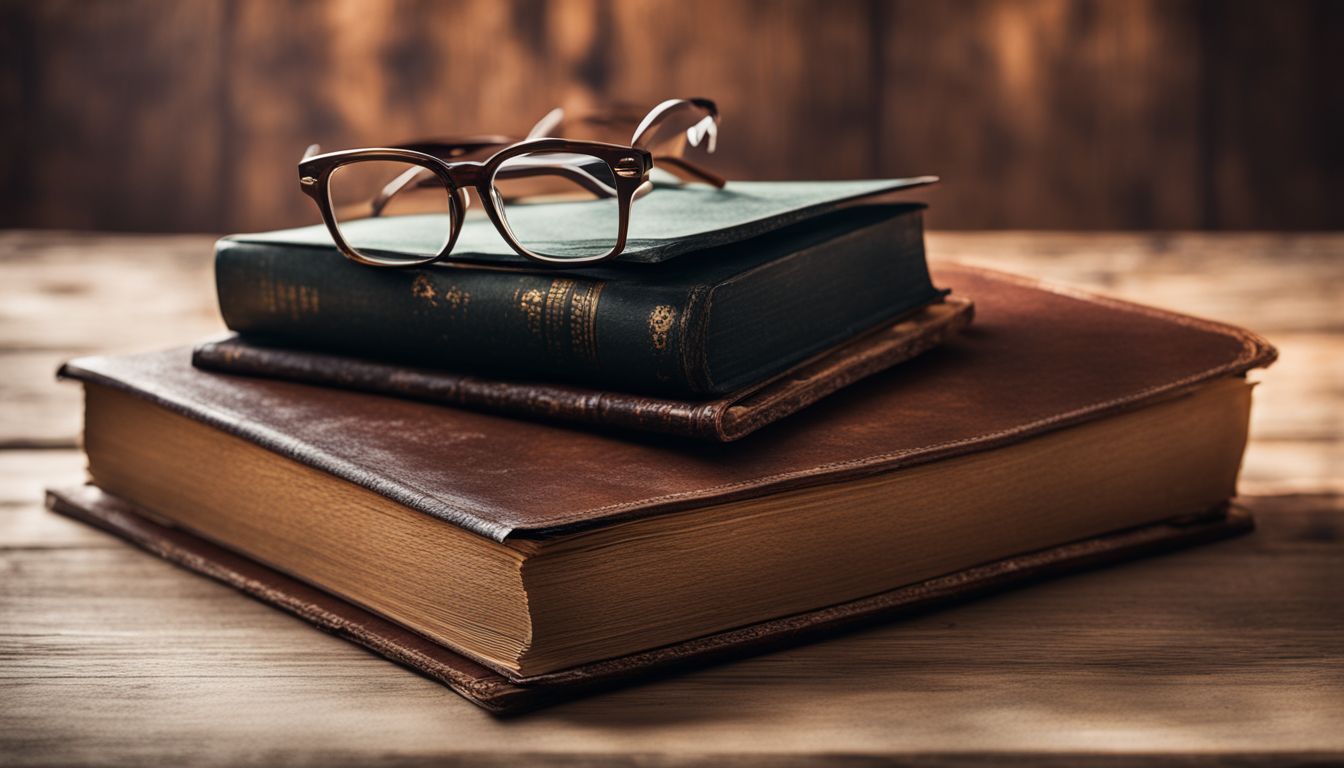 A stack of well-worn books with glasses resting on top on a wooden desk.