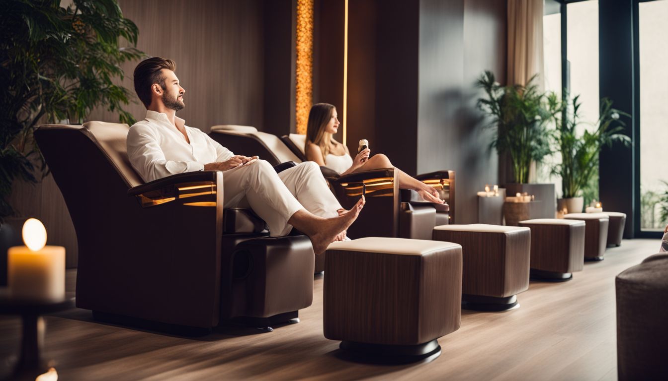 A man enjoys a pedicure in a luxurious spa surrounded by elegant decor.