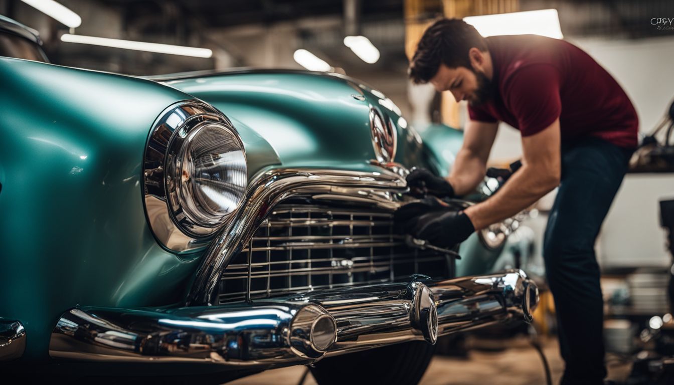 A mechanic is polishing a chrome bumper on a classic car in a bustling atmosphere.