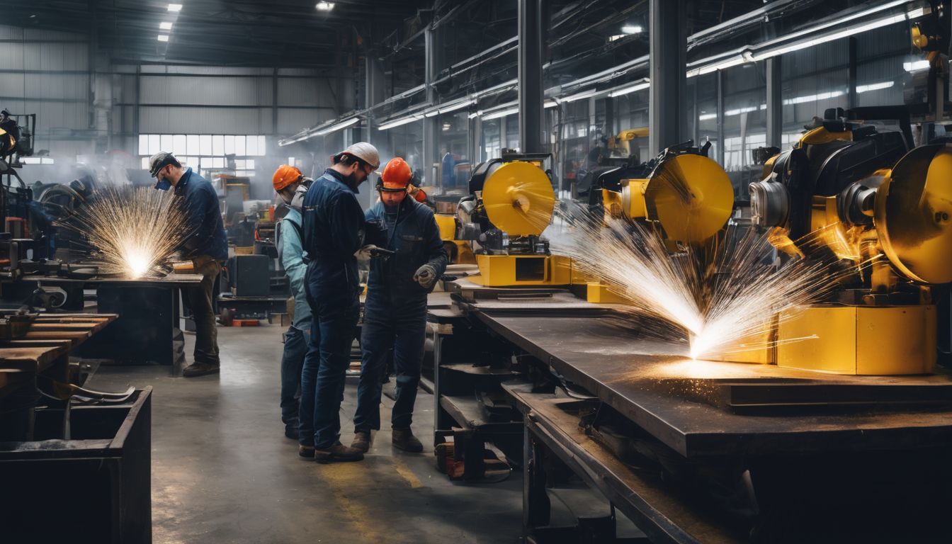 A diverse team of workers in a metal polishing workshop surrounded by machinery and wearing protective gear.