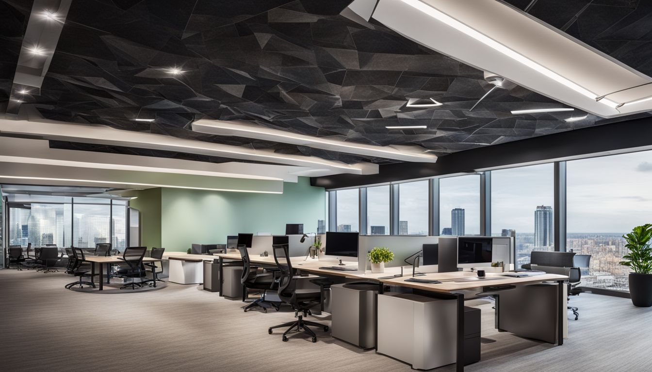 A modern office space with mineral fiber ceiling boards, sleek furniture, and a bustling atmosphere.