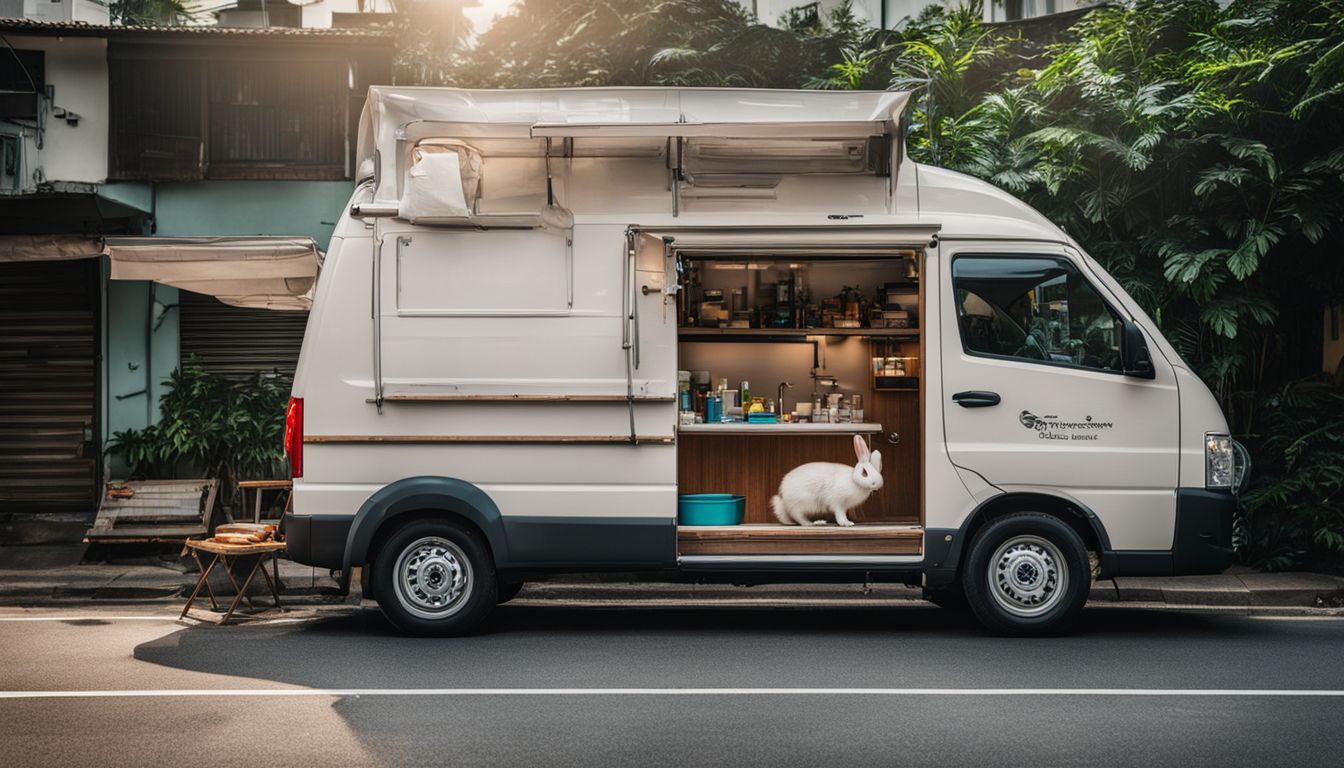 A mobile rabbit grooming van is parked in a Singapore neighborhood, surrounded by a bustling atmosphere.