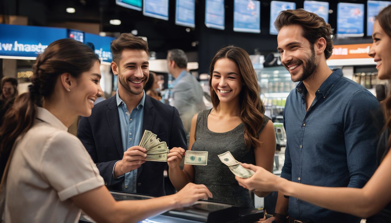 A diverse group of people are seen exchanging money at a money transfer counter, captured in a highly detailed and vibrant photograph.