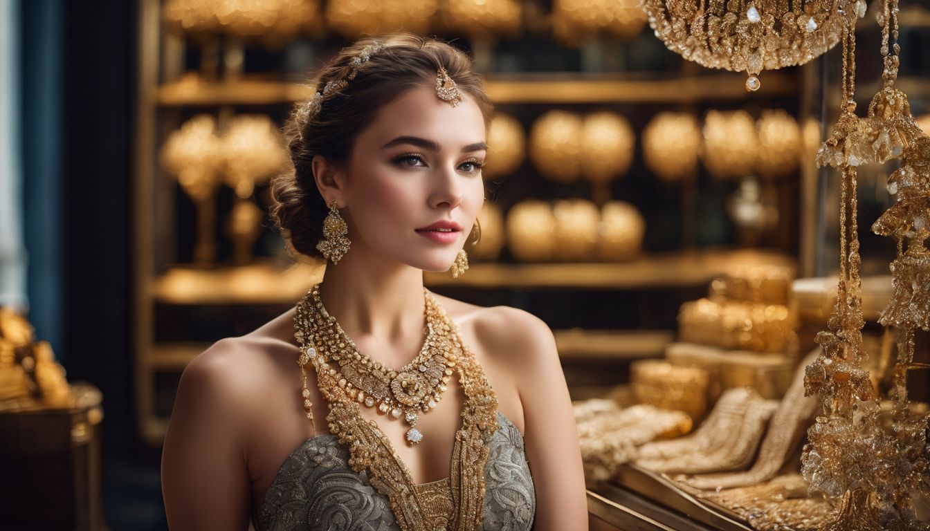 A woman proudly wears a luxurious gold necklace while surrounded by sparkly jewelry boxes.