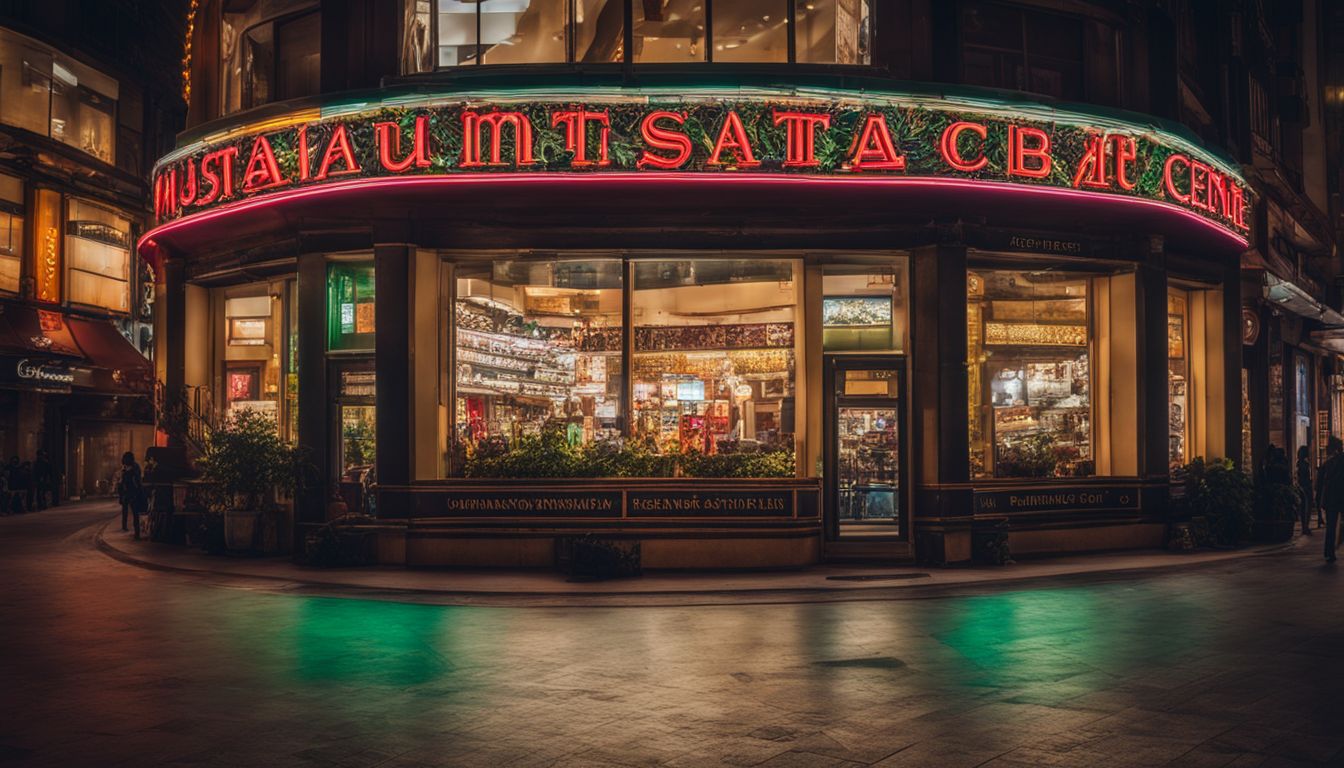 A photograph depicting the vibrant and bustling atmosphere of the Mustafa Centre at night.