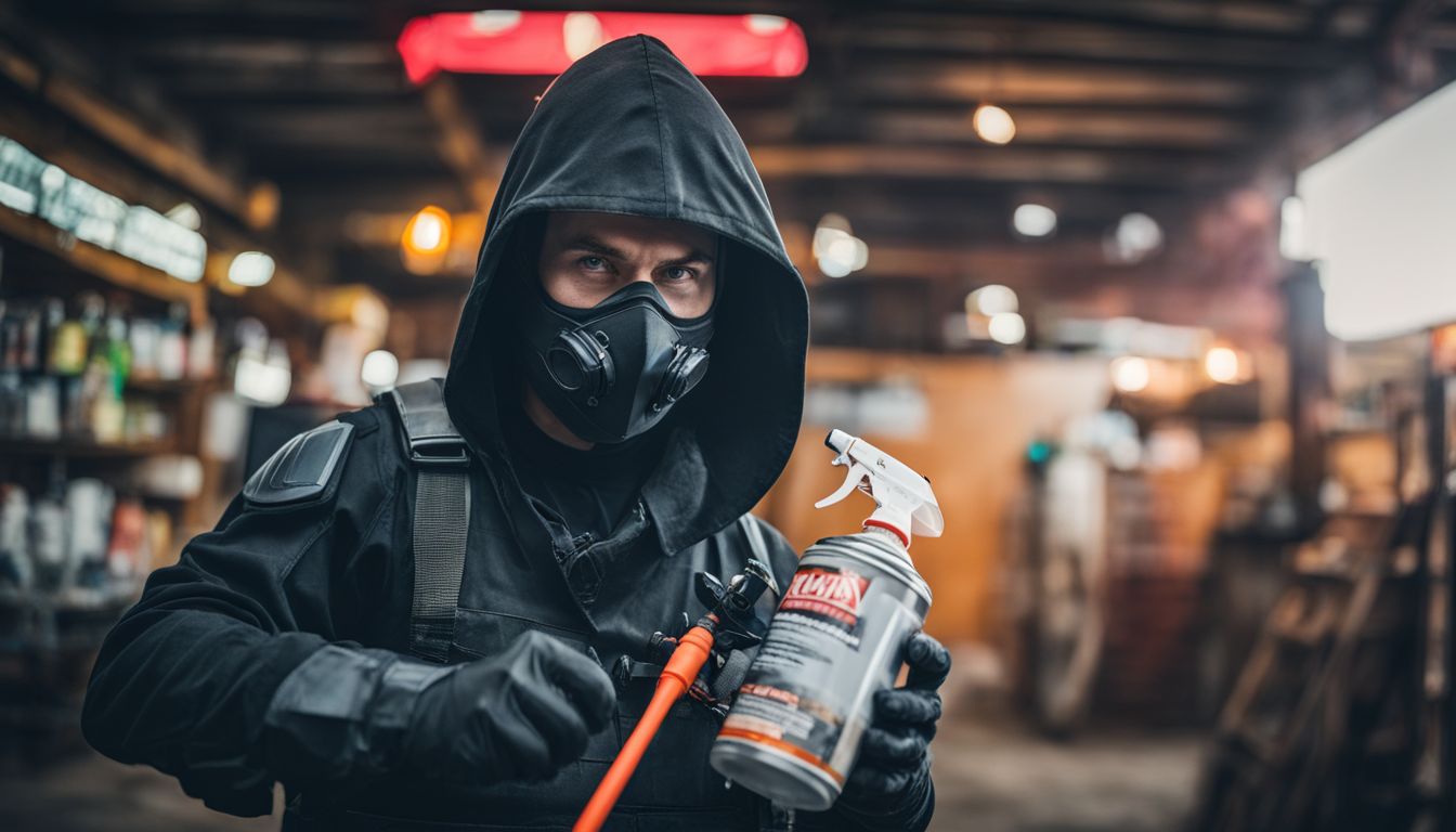 An exterminator dressed as a ninja holds an eco-friendly pest spray in a busy cityscape.