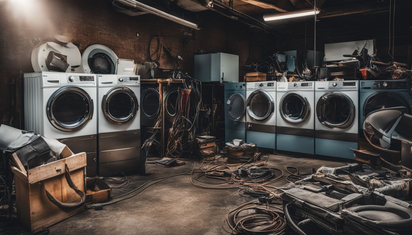 A photo of a broken dryer surrounded by tools and repair equipment in a bustling atmosphere.