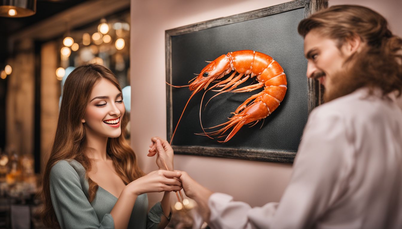 [Summary]: A person holds a fresh prawn in front of a notice board with special offers.
