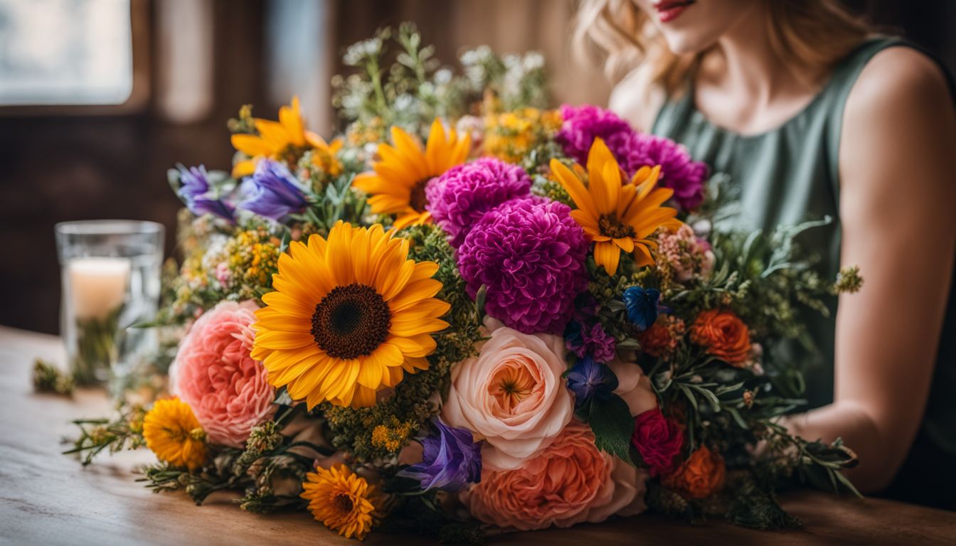 A diverse bouquet of flowers captured in a vibrant and lively photograph.