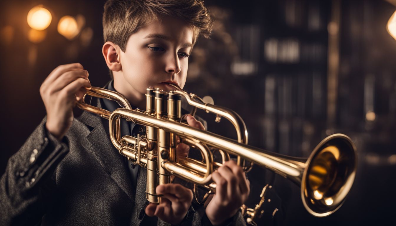A young trumpet player surrounded by musical notes and a supportive instructor.