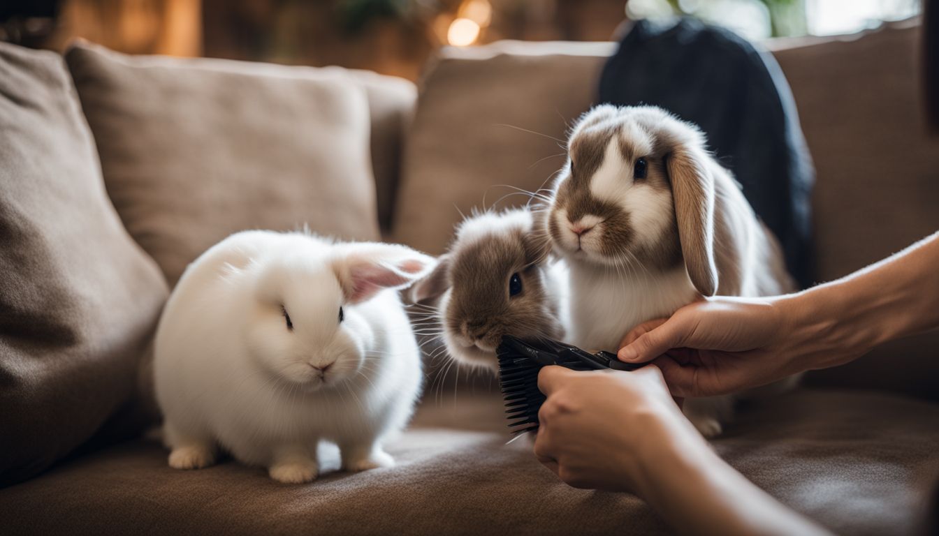 A groomer gently brushes a content bunny in a cozy living room setting.