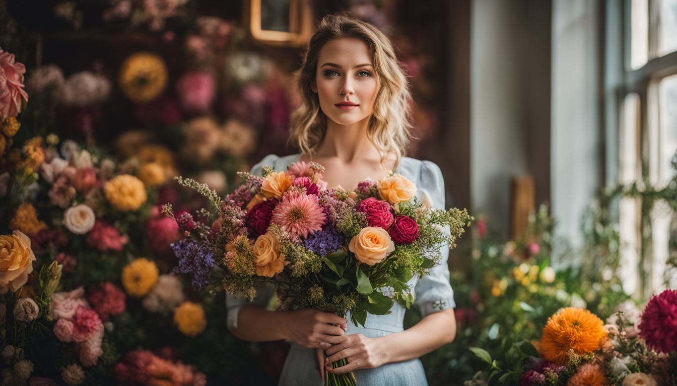 A woman holds a beautiful bouquet of flowers surrounded by vibrant floral arrangements in a bustling atmosphere.