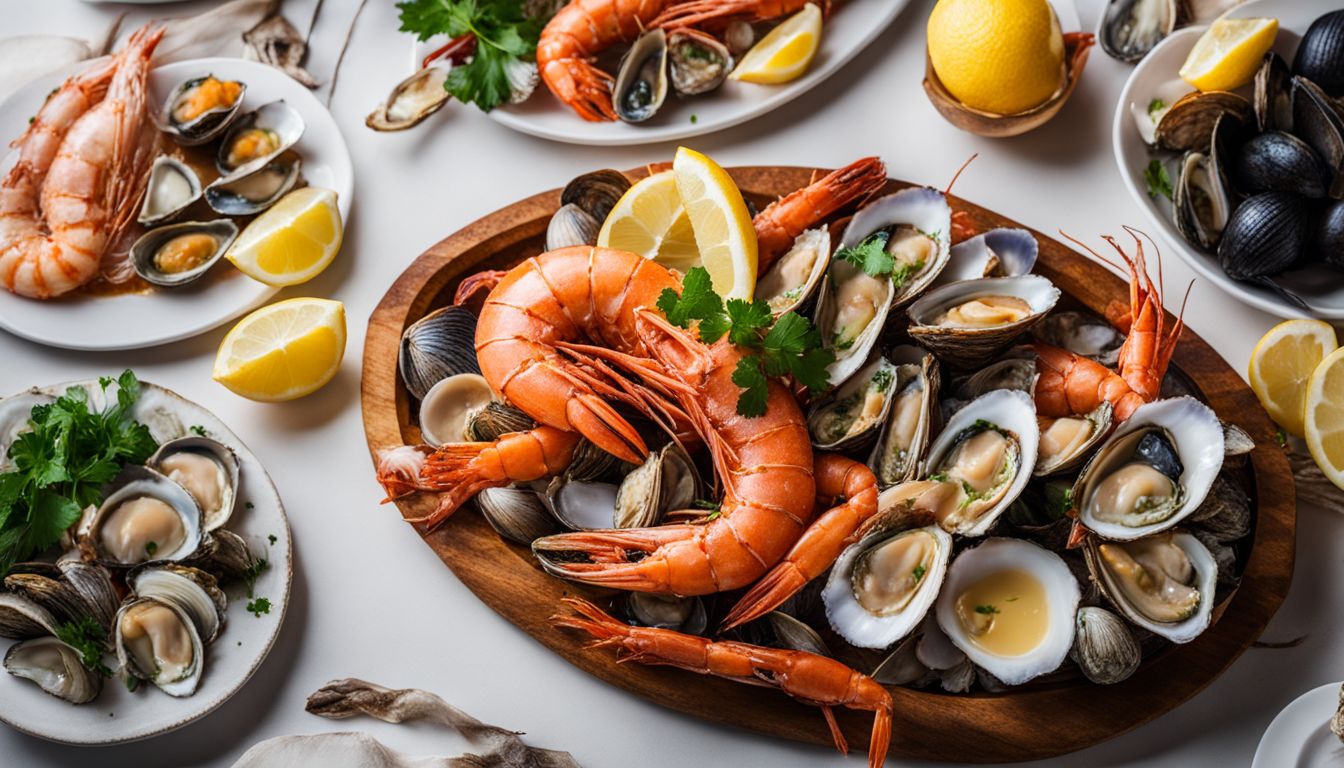 A seafood platter featuring prawns, oysters, and clams displayed on a white table in a bustling atmosphere.