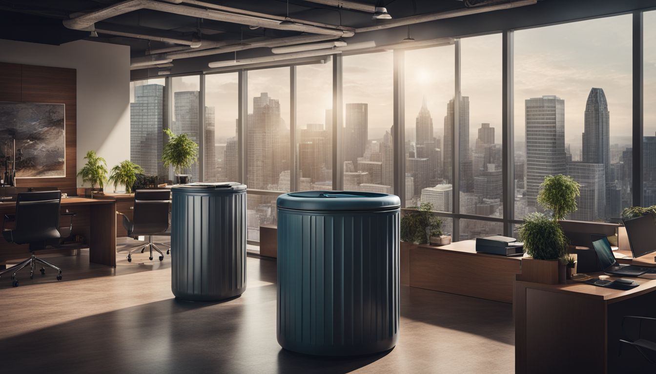 An open top bin in a busy office surrounded by diverse people and a cityscape backdrop.