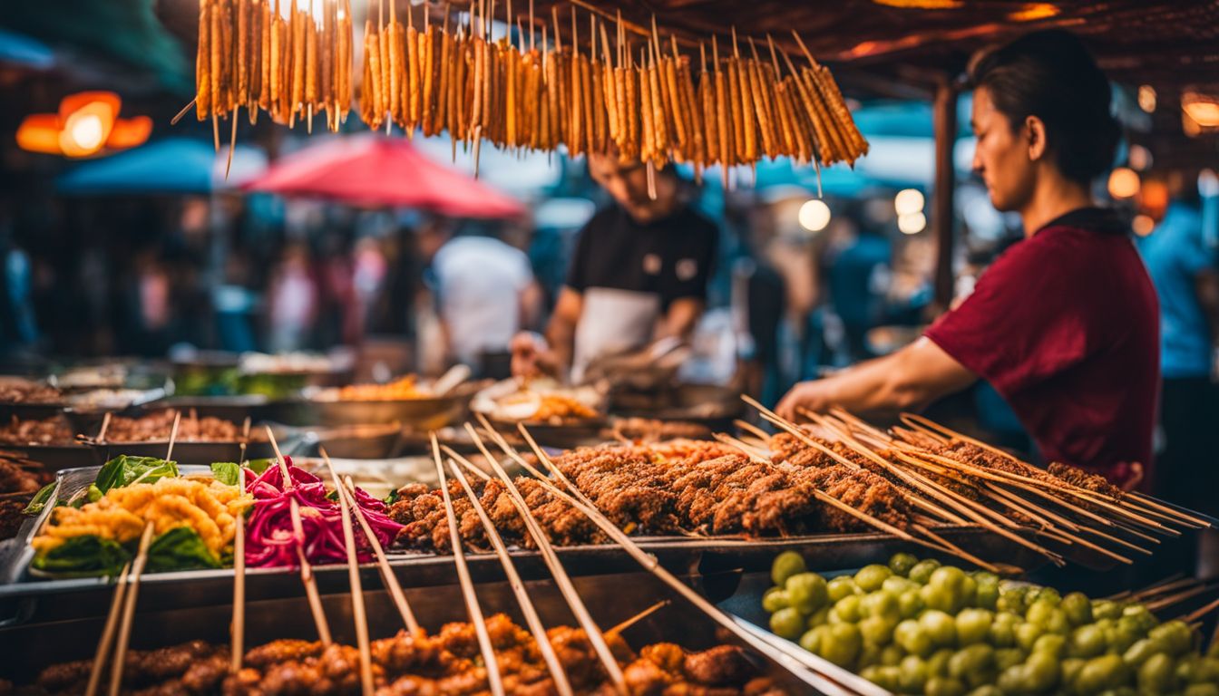 A vibrant photo of neatly arranged raw satay sticks on a busy street food market stall.