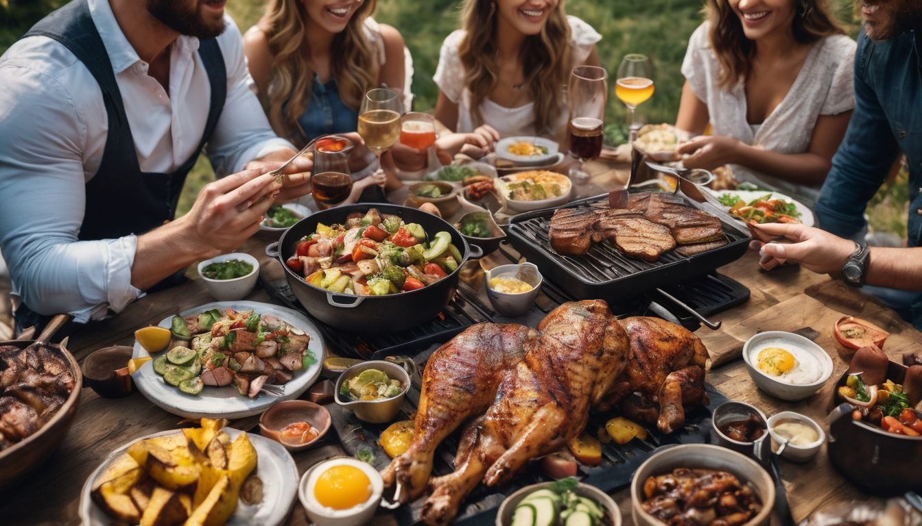 A diverse group of friends enjoy a delicious BBQ feast spread on a rustic wooden table.