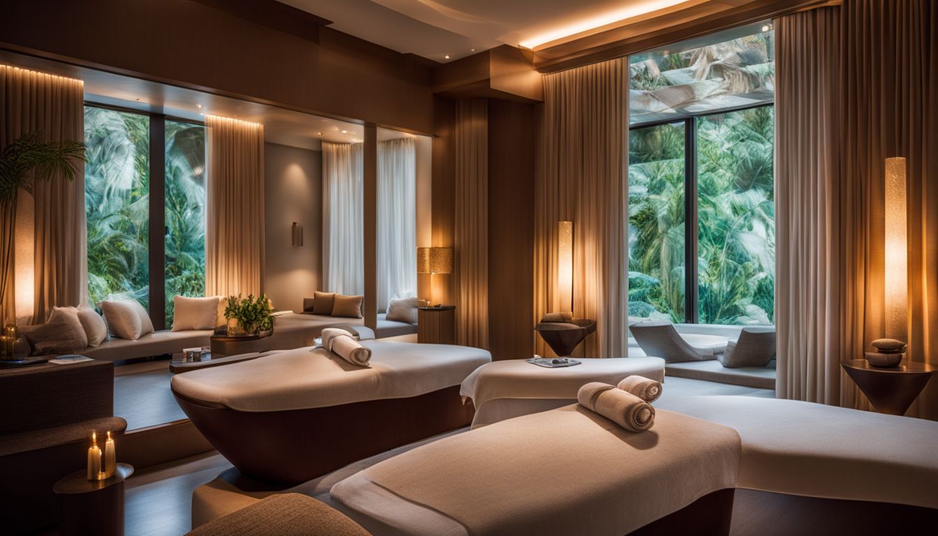 A photo of a tranquil spa room with a relaxing atmosphere and a variety of people.